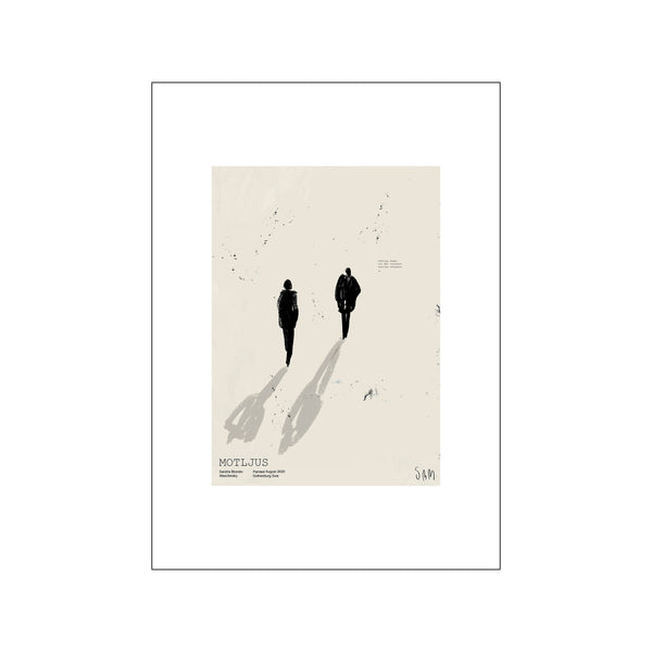 Two silhouetted figures walk away from the viewer, casting long, textured shadows on a pale, off-white background. Sparse, dark flecks add subtle texture to the scene.
