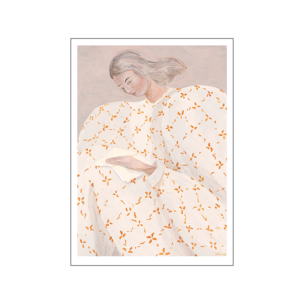 Artistic depiction of a woman in a floral dress on a plain background