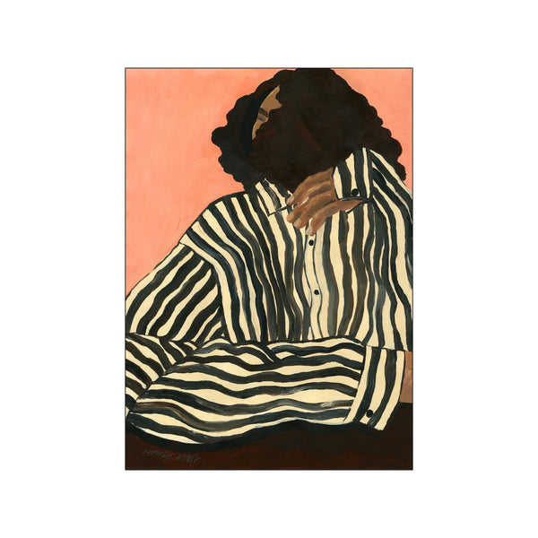 A painting featuring a person with dark, flowing hair wearing a black and white striped shirt against a soft peach background, evoking a serene and stylish mood.