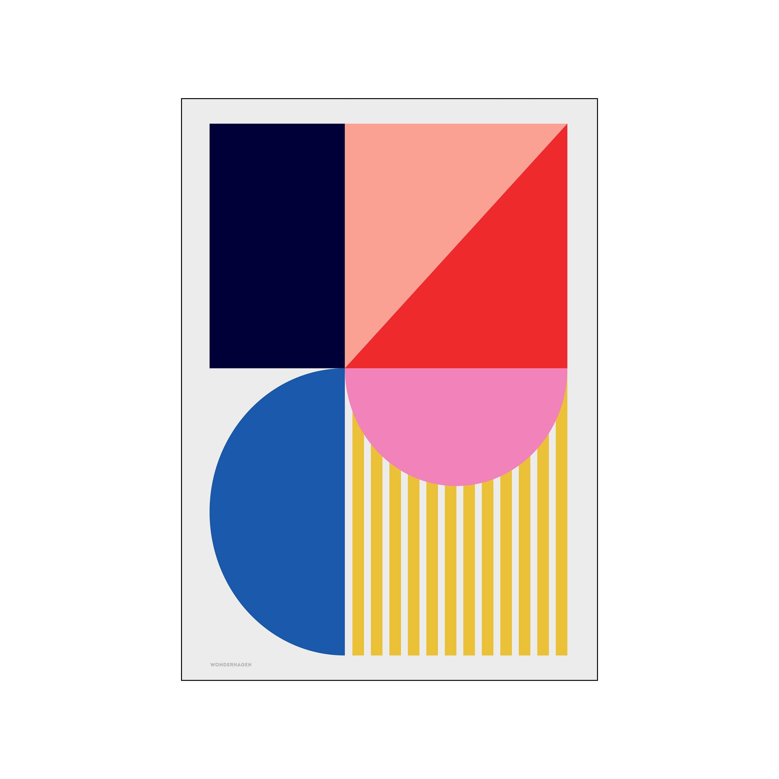 Abstract geometric poster with navy, coral, red, blue, pink, and yellow shapes