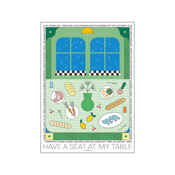 A whimsical illustration depicts a table setting with food items like fish, eggs, bread, and fruit, surrounding a green vase, with a checkered window in the background, all set against a grid pattern and accented.