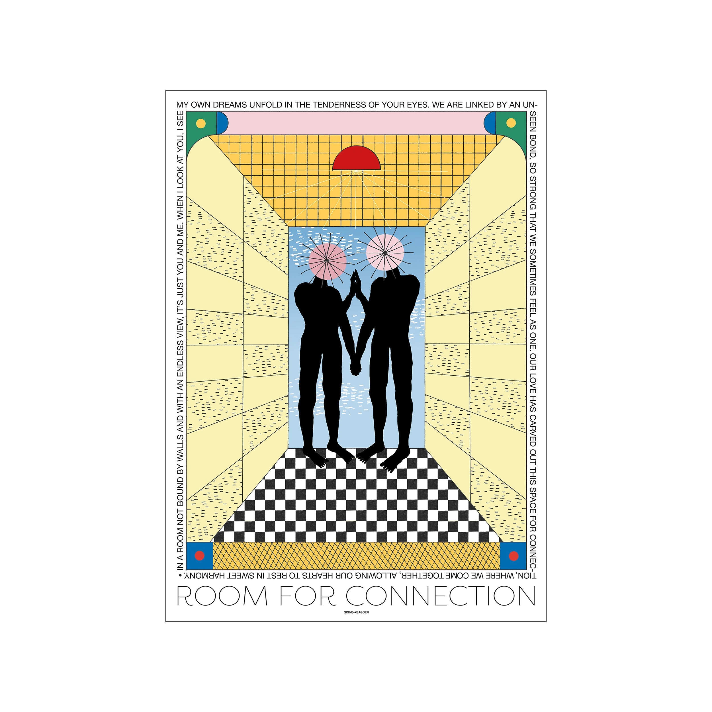 A graphic illustration titled 'Room for Connection' by Signe Bagger, featuring two silhouetted figures holding hands with starbursts above their heads, set against a background of geometric patterns in soft pastels and graphic colors.