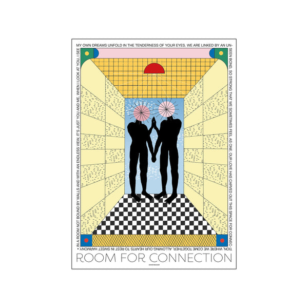 A graphic illustration titled 'Room for Connection' by Signe Bagger, featuring two silhouetted figures holding hands with starbursts above their heads, set against a background of geometric patterns in soft pastels and graphic colors.