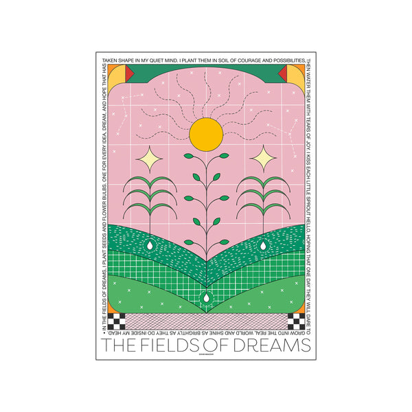 A stylized illustration titled 'The Fields of Dreams' features rolling green hills under a pink sky with a beaming yellow sun. A central plant grows upward amidst graphic patterns and starbursts, evoking a sense of.
