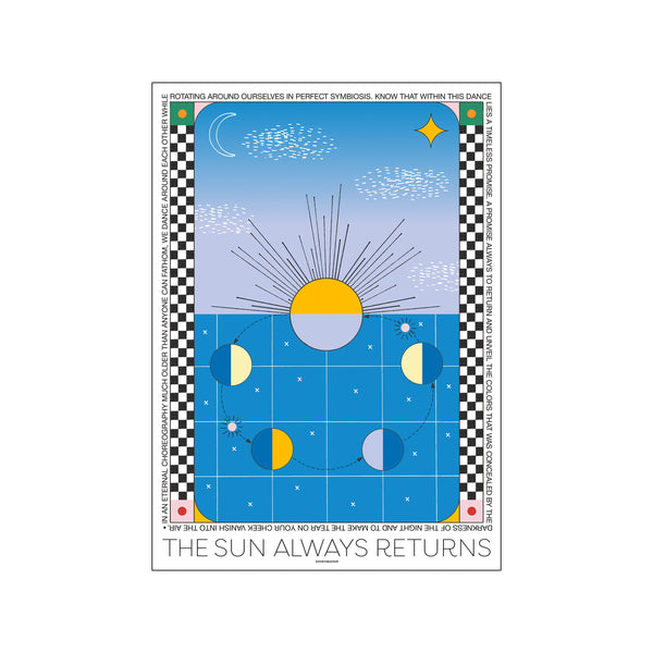 A graphic depiction of a radiant sun rising over a blue expanse, with celestial bodies, moon phases, and abstract shapes. The composition is framed by text and a checkered border, conveying a serene and hopeful.