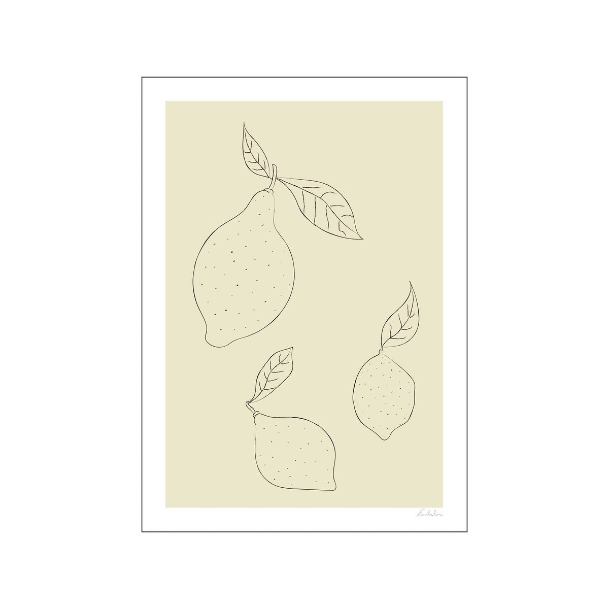 Minimal lemon line drawing with three fruits and leaves on a pale cream background