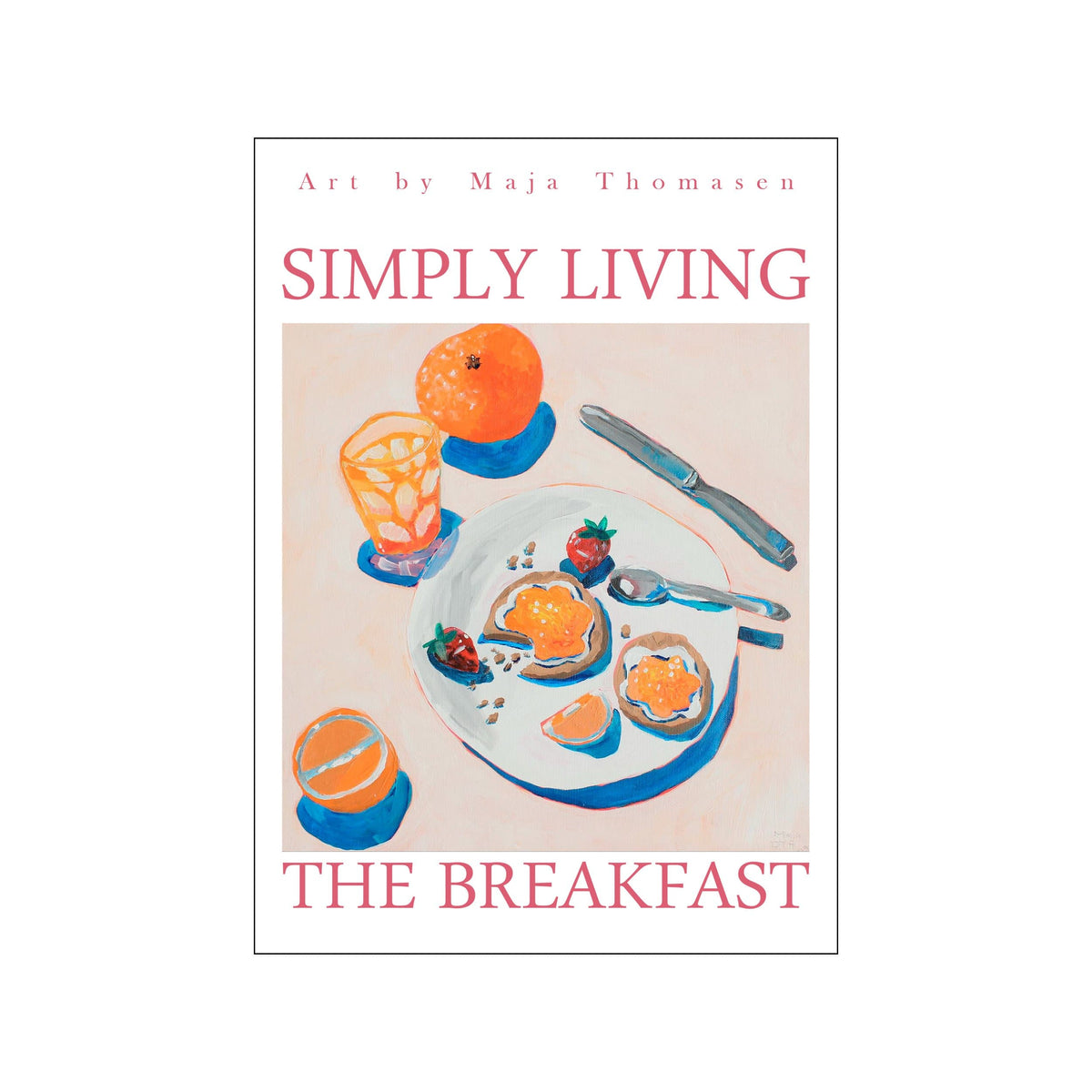 Breakfast still life with orange, toast, berries, and blue tableware on a pale background