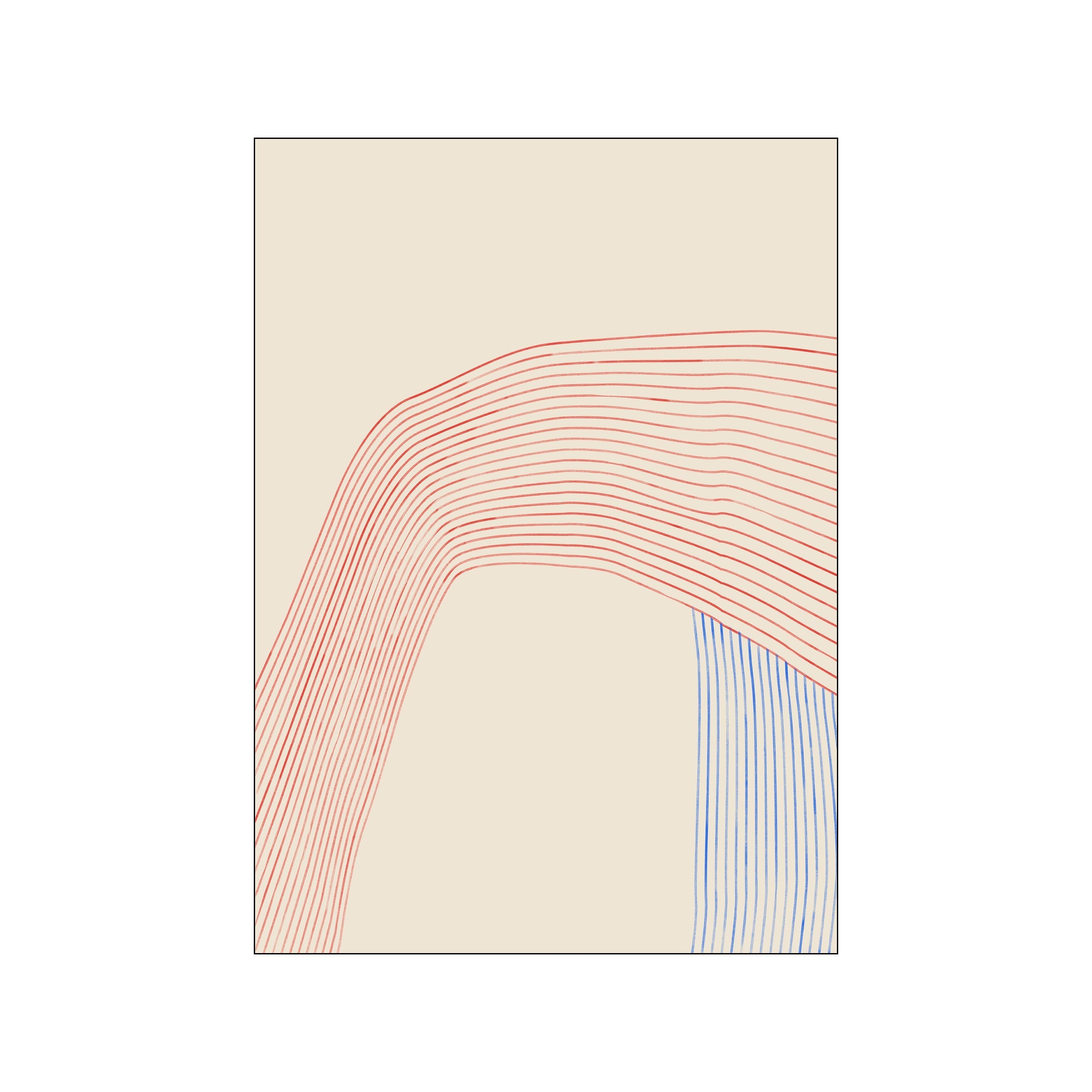 An abstract artwork featuring delicate, hand-drawn lines in red and blue against a creamy background. The red lines curve gracefully, while the blue lines are vertical, creating a sense of balanced movement.