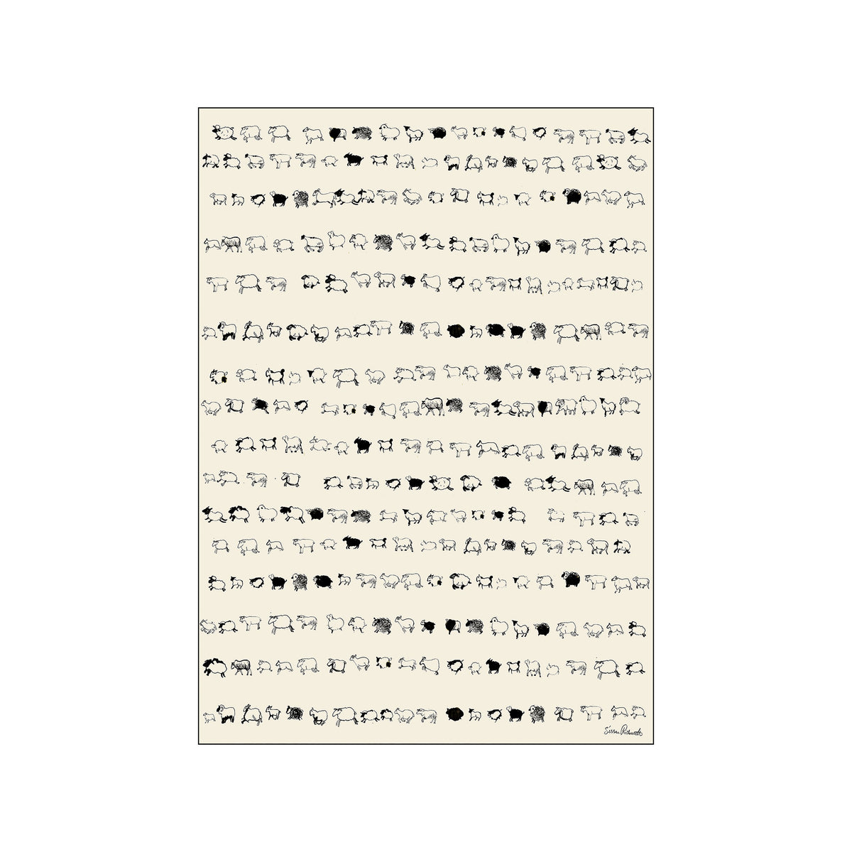 Cream poster filled with rows of black line-drawn sheep in varied poses
