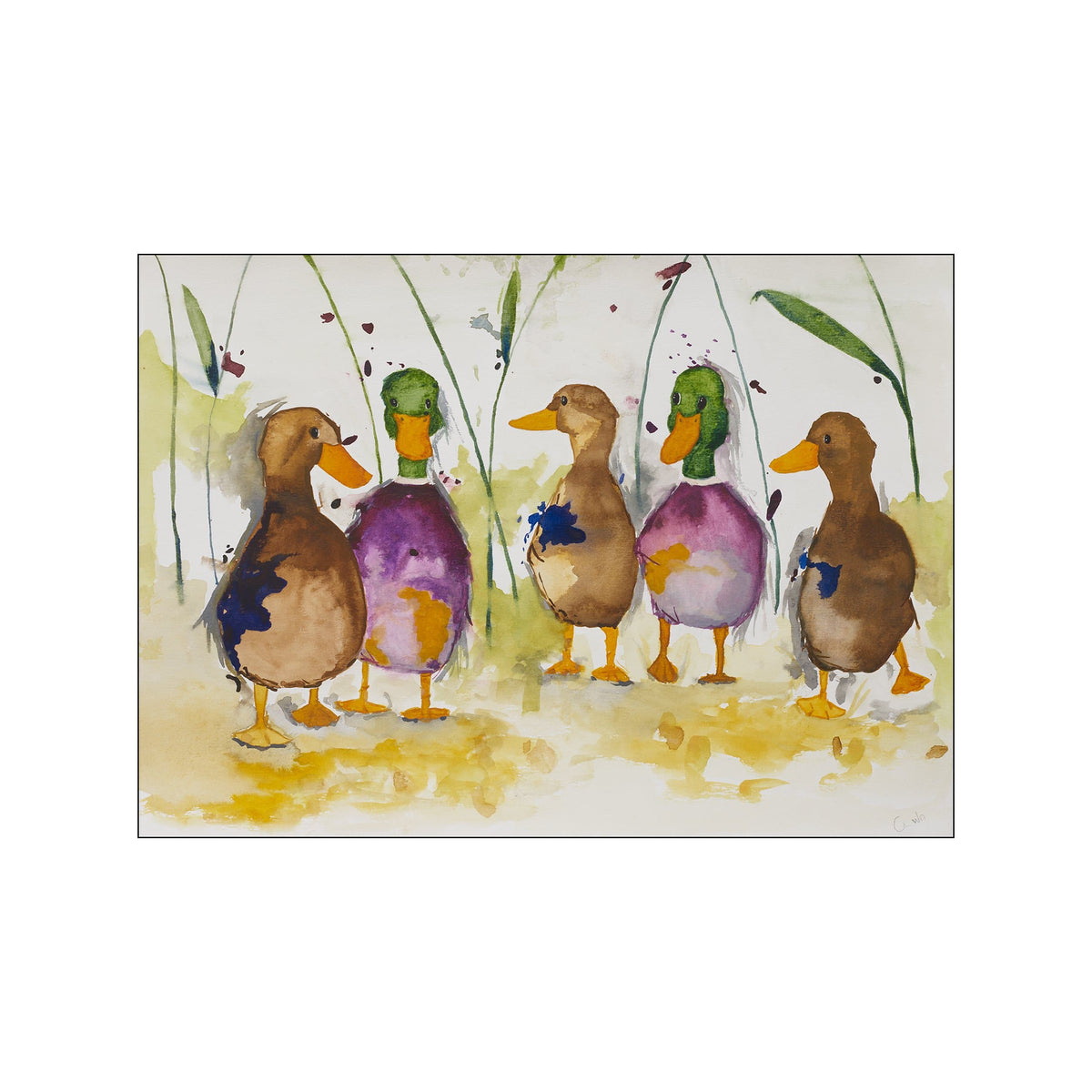 A watercolor illustration of five ducks gathered by a pond, with soft brown, green, and purple tones. The ducks are depicted with whimsical, slightly abstract brushstrokes, creating a serene and charming atmosphere.