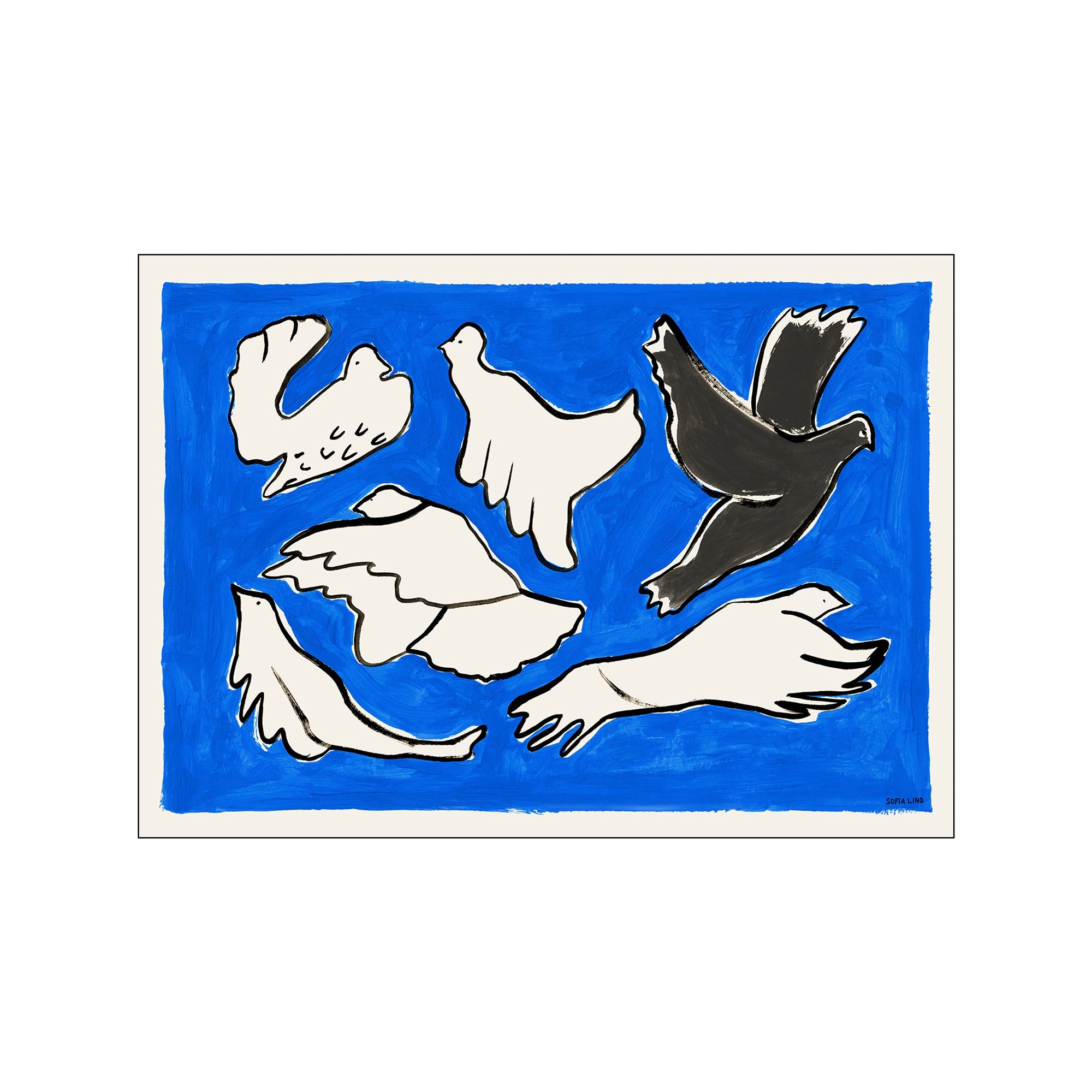 art print by Sofia Lind featuring stylized black and white birds in flight against a bold cobalt blue background