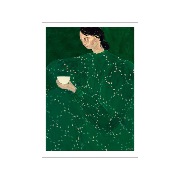 art print by Sofia Lind featuring a woman in a flowing deep green patterned dress holding a white cup against a dark green background.