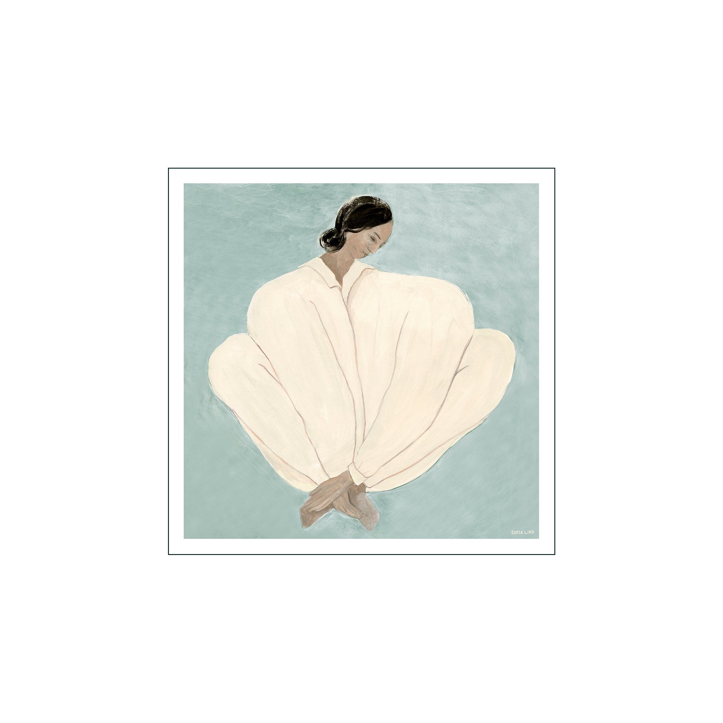 Art print of a woman wrapped in a white blanket against a light blue background