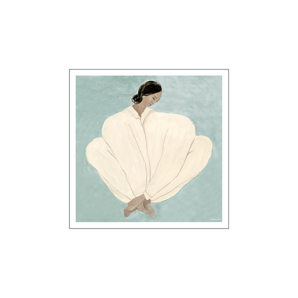 Meet Me at Jaures art print by Sofia Lind featuring a serene female figure in a flowing cream outfit against a muted teal background. Minimalist Scandinavian figurative wall art.