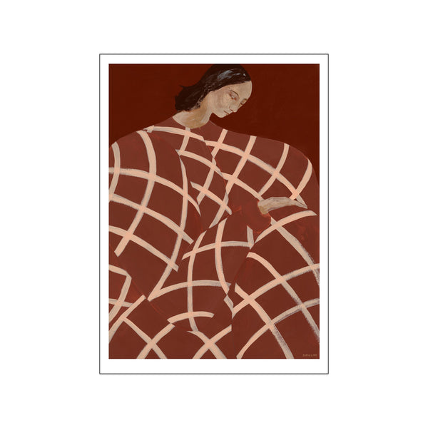 art print by Sofia Lind featuring a serene figure in a flowing terracotta gown patterned with ivory lines, set against a deep red background