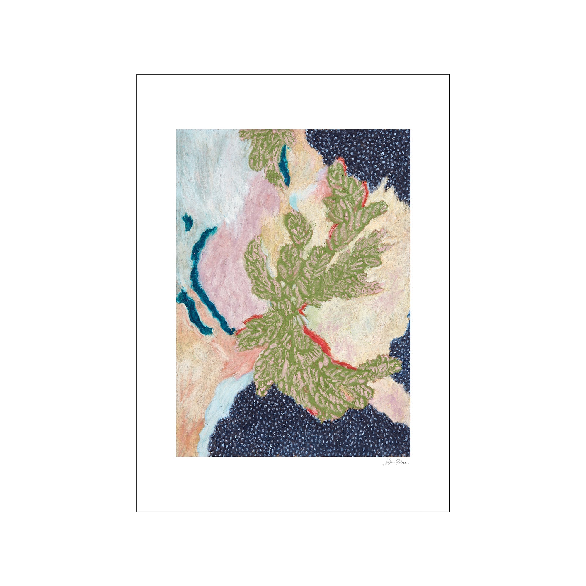 An abstract artwork with a central green botanical-like form, surrounded by soft pink, cream, and textured dark blue elements. The piece has a calming, organic, and slightly bohemian vibe.