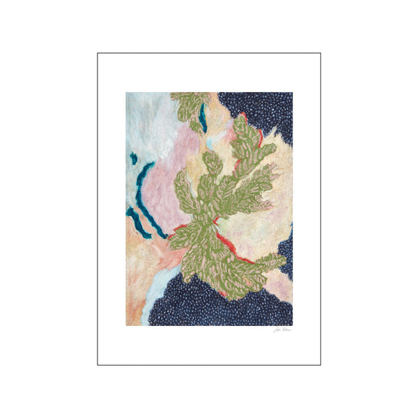 An abstract artwork with a central green botanical-like form, surrounded by soft pink, cream, and textured dark blue elements. The piece has a calming, organic, and slightly bohemian vibe.