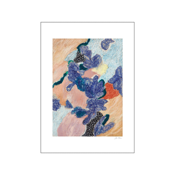 An abstract artwork featuring organic shapes in varying shades of blue, pink, orange, and yellow, with textured brushstrokes and a signature by the artist at the bottom right.