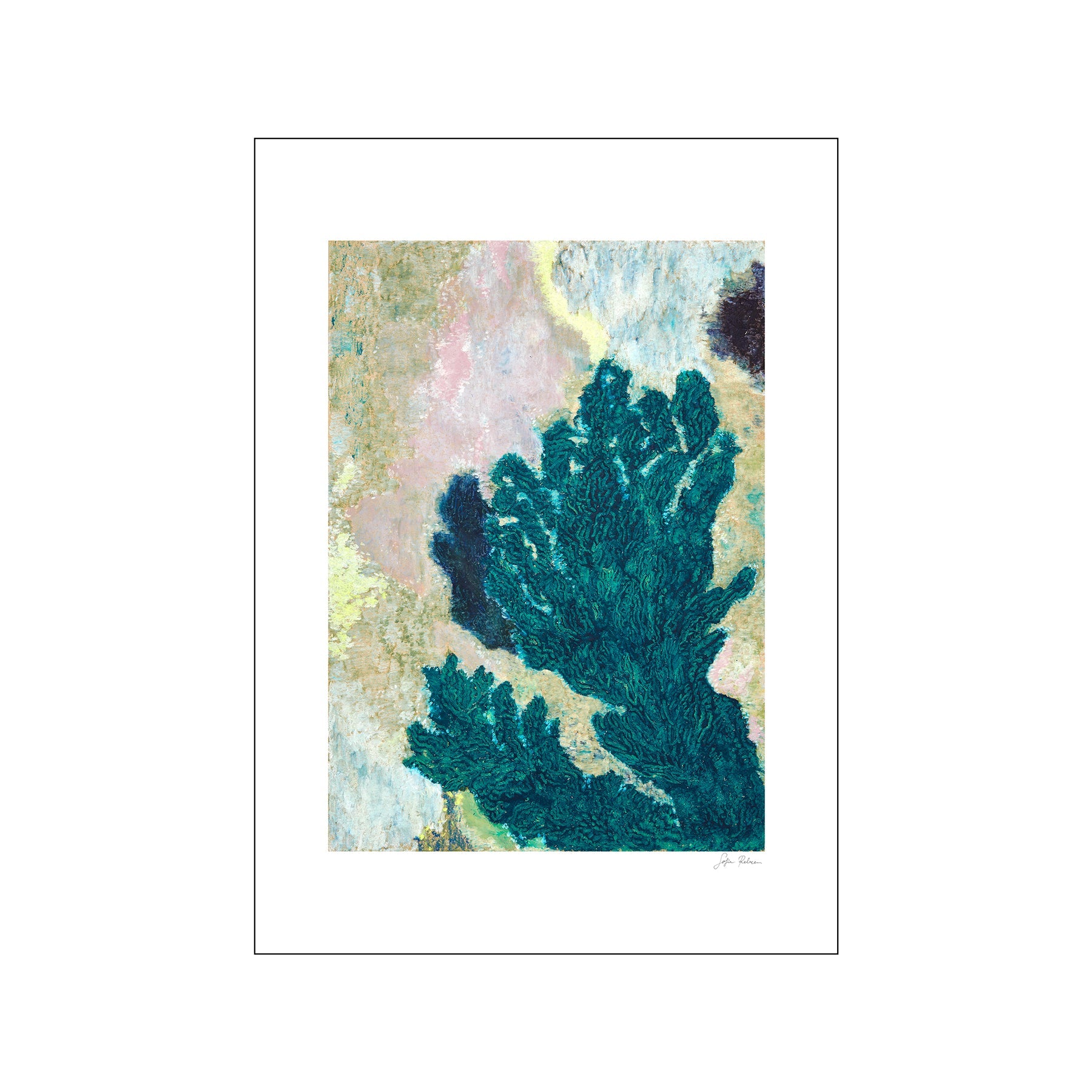 An abstract artwork with a dominant emerald green, textured form resembling foliage or coral, set against a soft, impressionistic background of pink, yellow, and white.