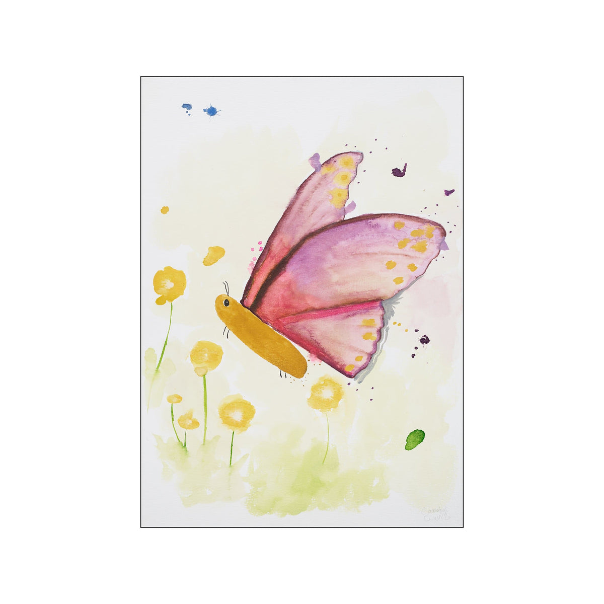 A watercolor painting of a butterfly with pink and purple wings dotted with gold, hovering above yellow wildflowers against a pale, luminous background with scattered blue and purple ink splatters.
