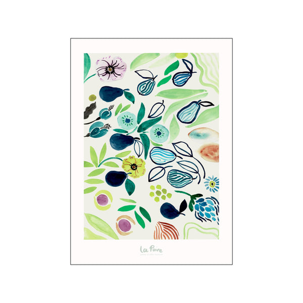 A whimsical watercolor composition featuring dark blue pears, light green leaves, and abstract floral shapes in shades of purple, yellow, and teal, set against a cream background.