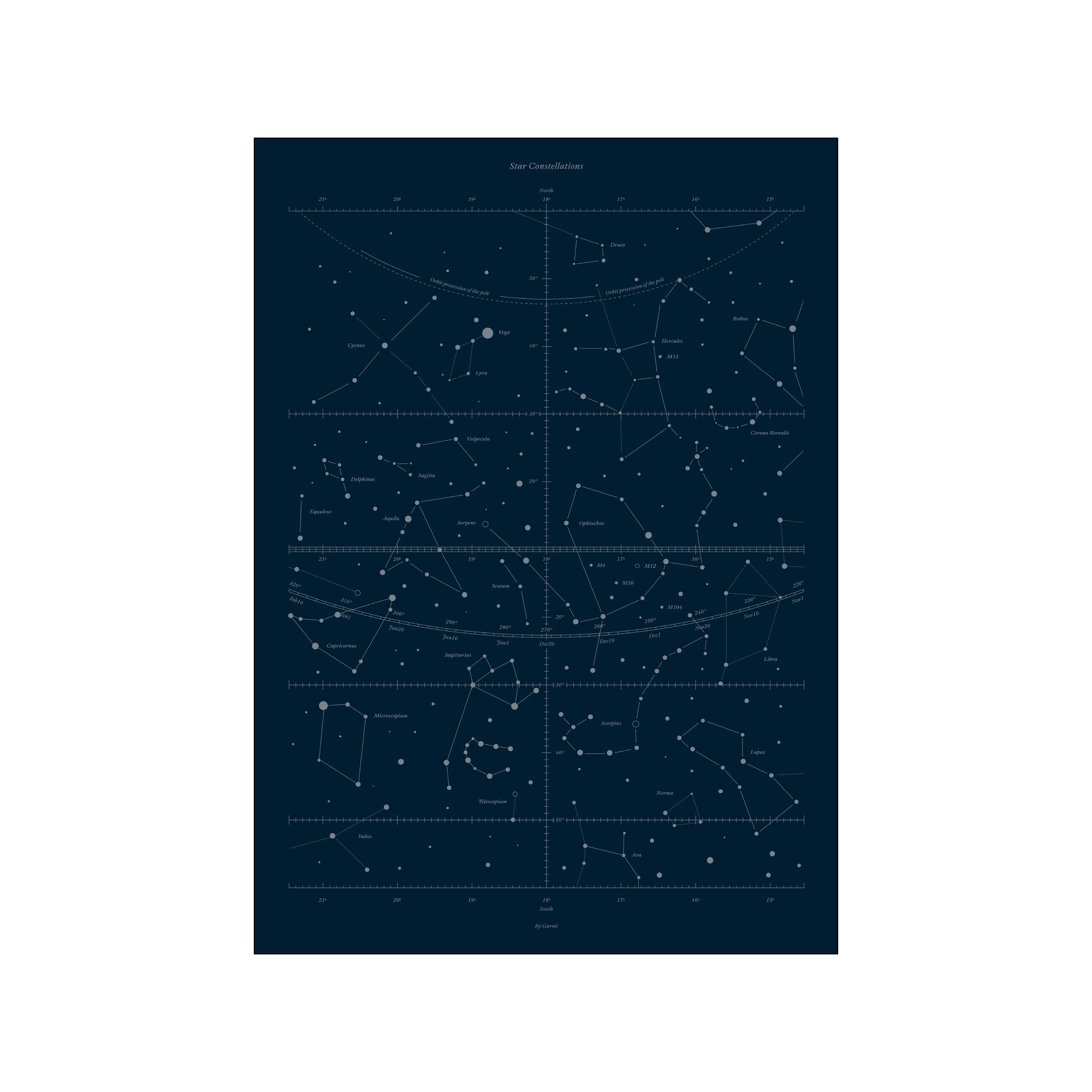 A dark indigo art piece showcasing intricate star constellations with fine white lines connecting luminous dots, resembling a celestial map with astrological names.