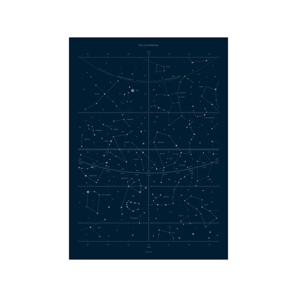A dark indigo art piece showcasing intricate star constellations with fine white lines connecting luminous dots, resembling a celestial map with astrological names.