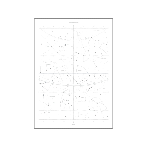 A minimalist depiction of star constellations with delicate silver lines and dots against a white background, representing the vastness of the night sky and zodiac signs.