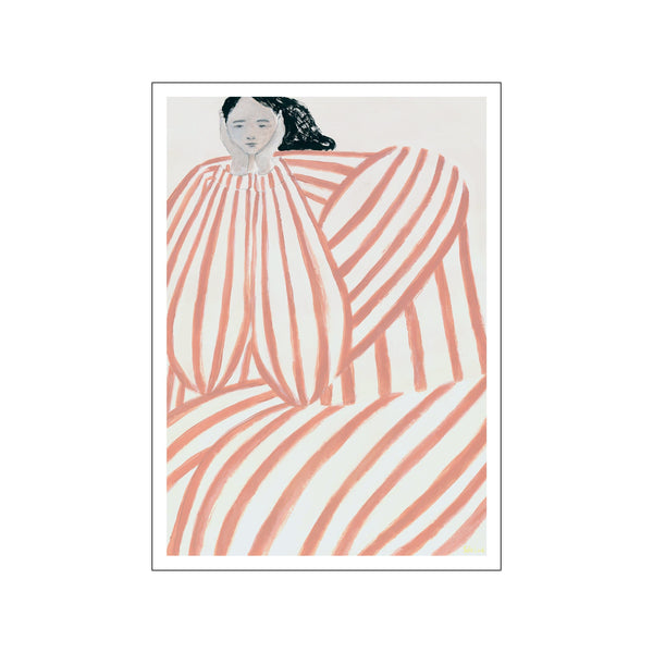 art print by Sofia Lind showing a seated figure in flowing coral stripes against a light background