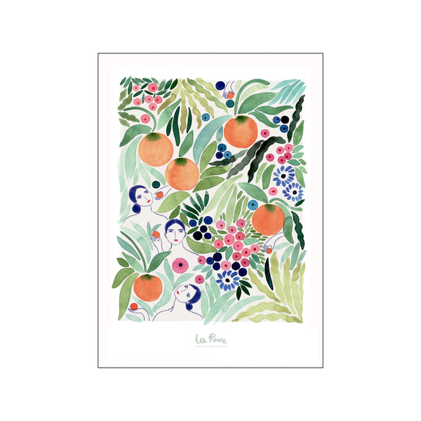 Abstract watercolor painting of figures peeking through abundant greenery, with prominent oranges, blueberries, and small pink flowers. Evokes a bohemian and serene mood.