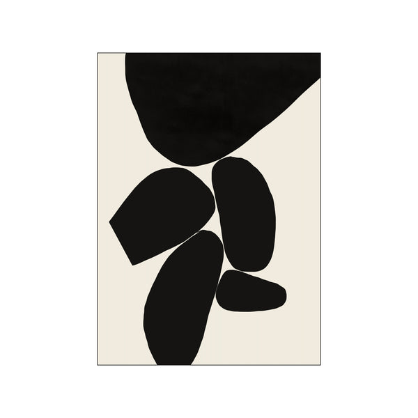 An abstract composition featuring large, smooth black organic shapes balanced against a soft cream background, suggesting natural stones in repose, creating a calm and modern visual.