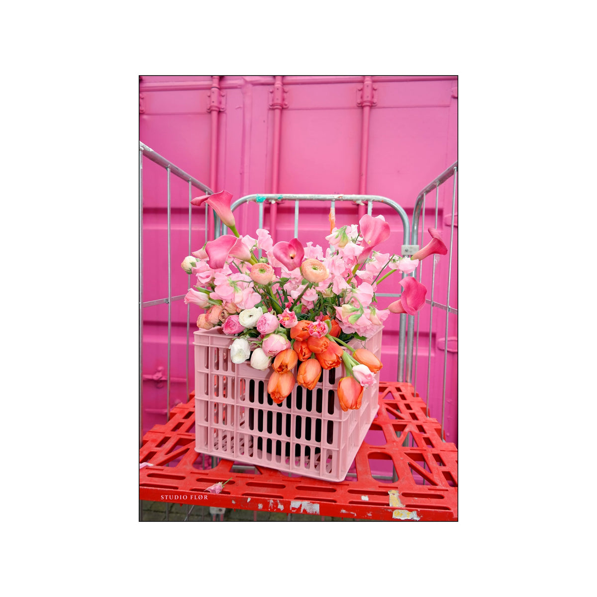 Pink and coral flowers arranged in a pale crate against a vivid pink industrial backdrop