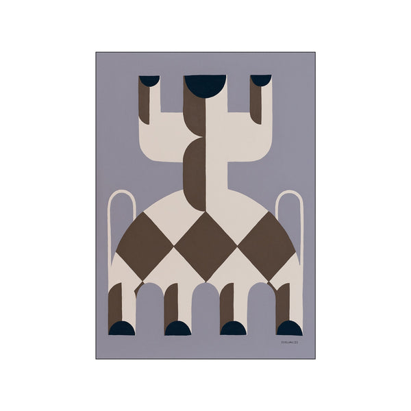 An abstract artwork featuring geometric shapes in shades of blue, brown, and cream, arranged in a balanced, portrait-like composition, evoking a sense of modern graphic design.