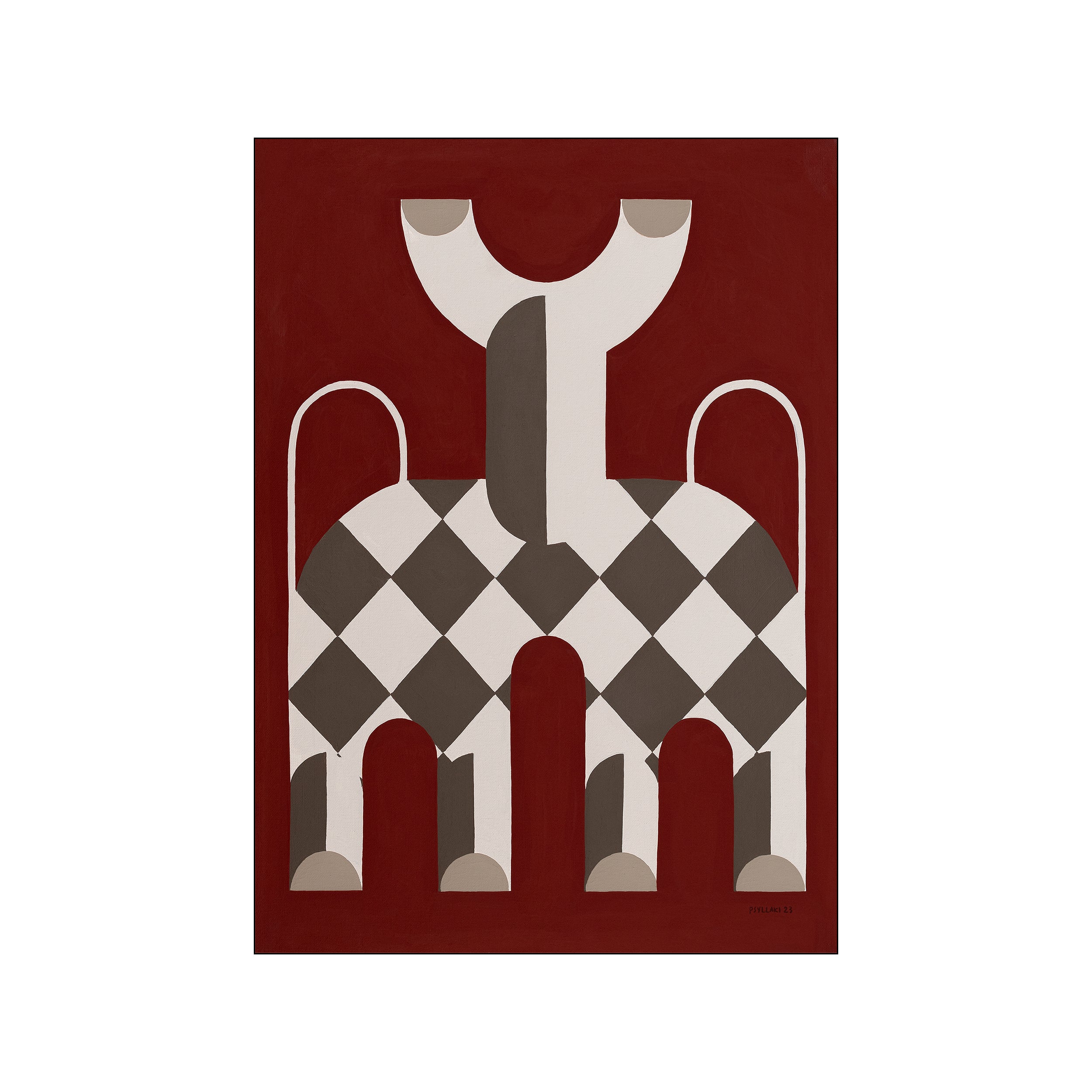 An abstract figurative artwork featuring a central form with diamond patterns and arched elements, set against a rich red background. Tones of brown, cream, and grey dominate.