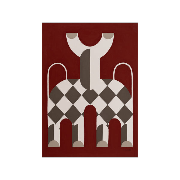 An abstract figurative artwork featuring a central form with diamond patterns and arched elements, set against a rich red background. Tones of brown, cream, and grey dominate.