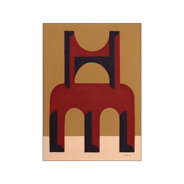 Abstract artwork featuring stacked architectural shapes in deep red, dark indigo, and warm gold, set against a neutral background. Evokes a modern, grounded, and artistic vibe.