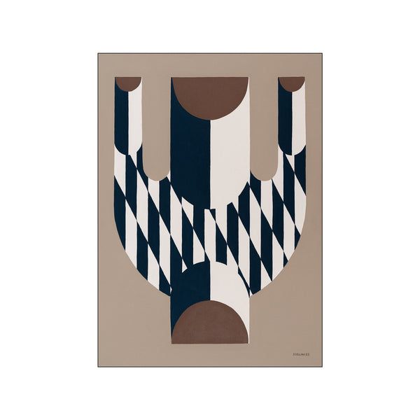 An abstract artwork with a vase-like silhouette composed of bold indigo and ivory diagonal stripes and curved shapes, set against a soft taupe background. Creates a modern, sophisticated vibe.