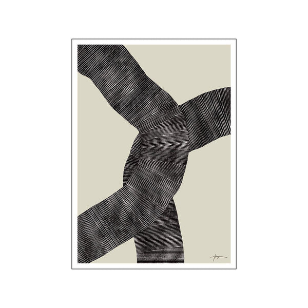 Abstract artwork featuring intersecting, textured black forms against a soft, muted cream background, evoking a sense of organic movement and minimalist sophistication.