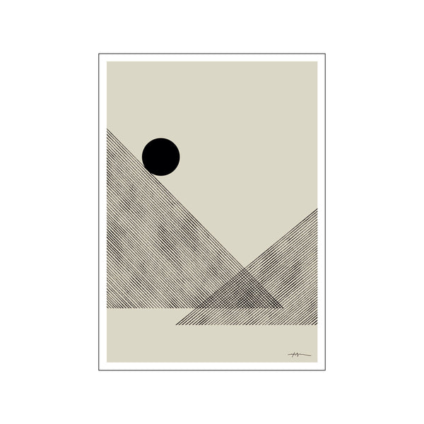 An abstract composition featuring diagonal lines forming mountain-like shapes against a creamy background, with a solid black circle representing a celestial body.