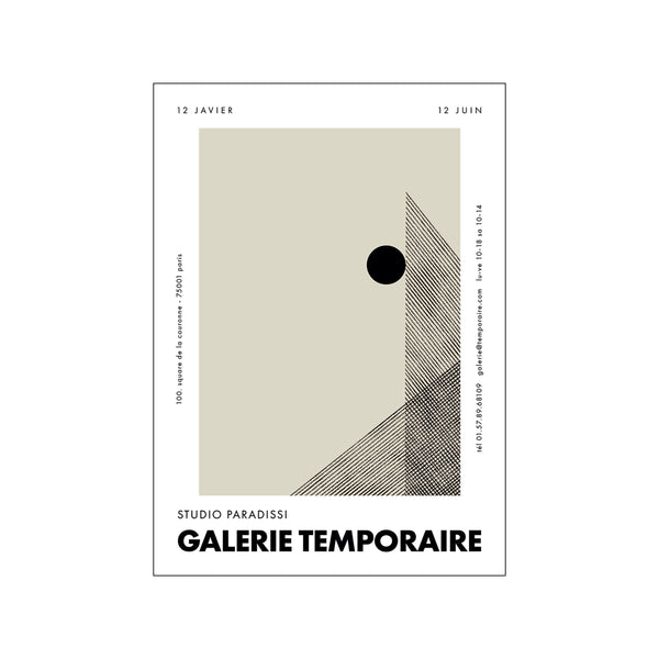 An abstract composition featuring a soft beige background, a single black circle, and intersecting black lines creating geometric shapes, reminiscent of a gallery exhibition poster.