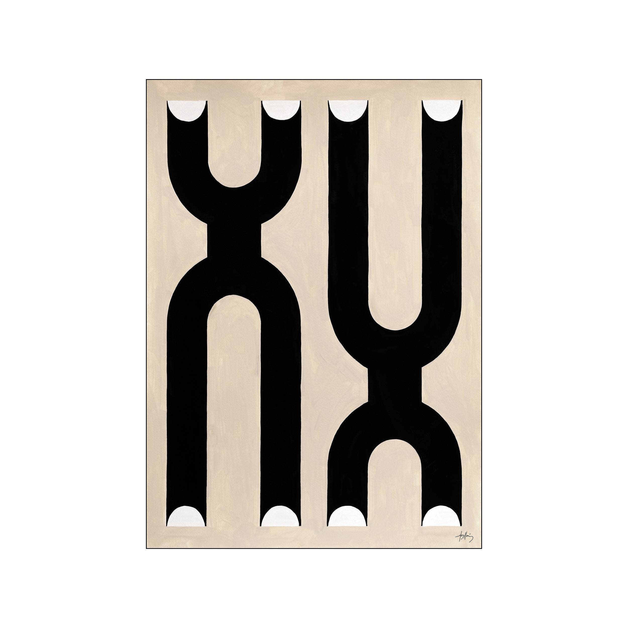 Abstract artwork featuring bold black geometric shapes with rounded edges against a soft, neutral background, creating a visually balanced and modern composition.