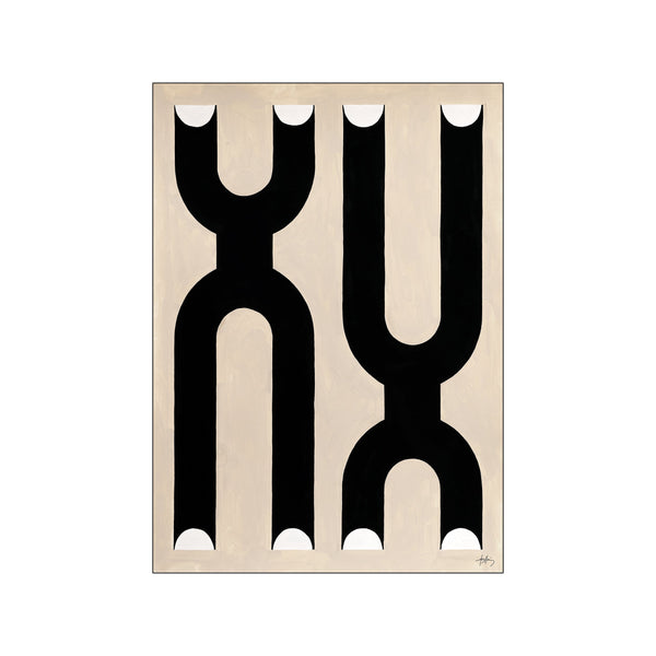 Abstract artwork featuring bold black geometric shapes with rounded edges against a soft, neutral background, creating a visually balanced and modern composition.