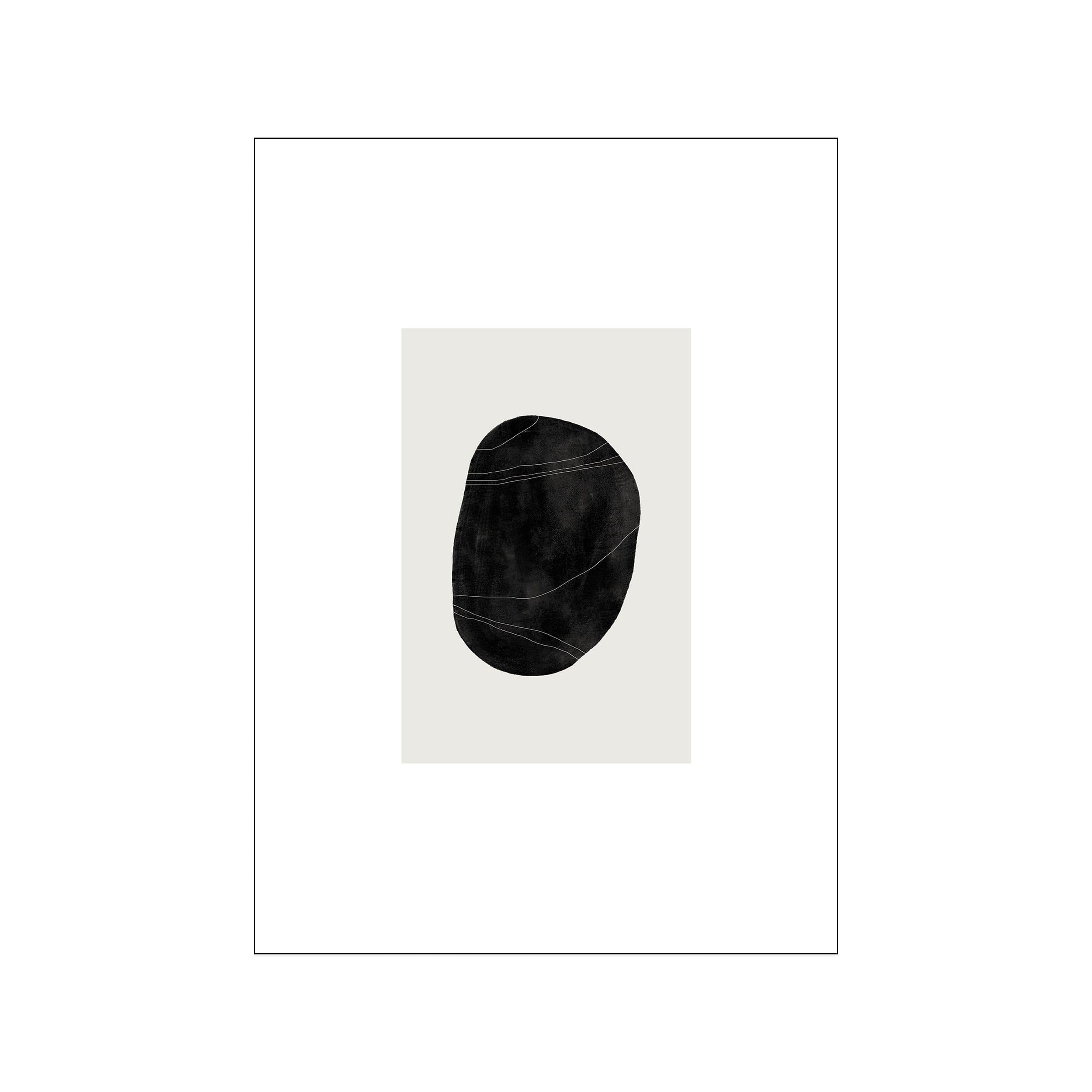 An abstract artwork featuring a large, dark, organic shape reminiscent of a pebble, with delicate white lines etched across its surface, set against a light, neutral background.
