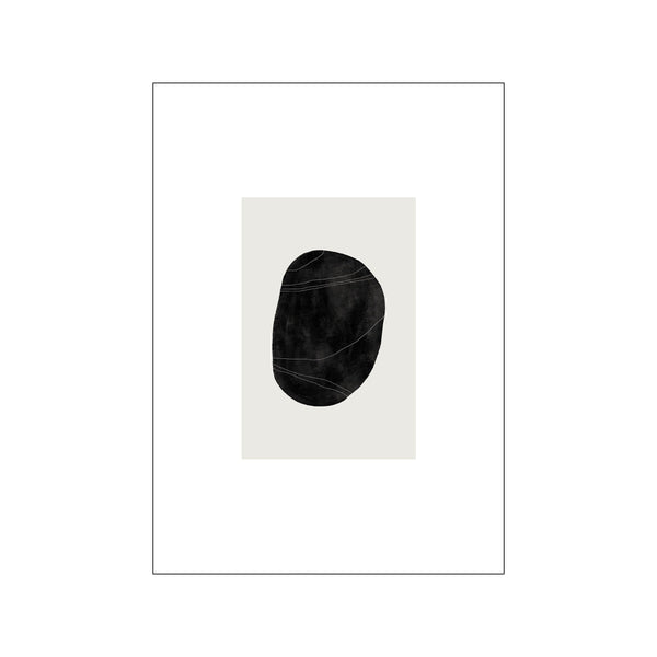 An abstract artwork featuring a large, dark, organic shape reminiscent of a pebble, with delicate white lines etched across its surface, set against a light, neutral background.