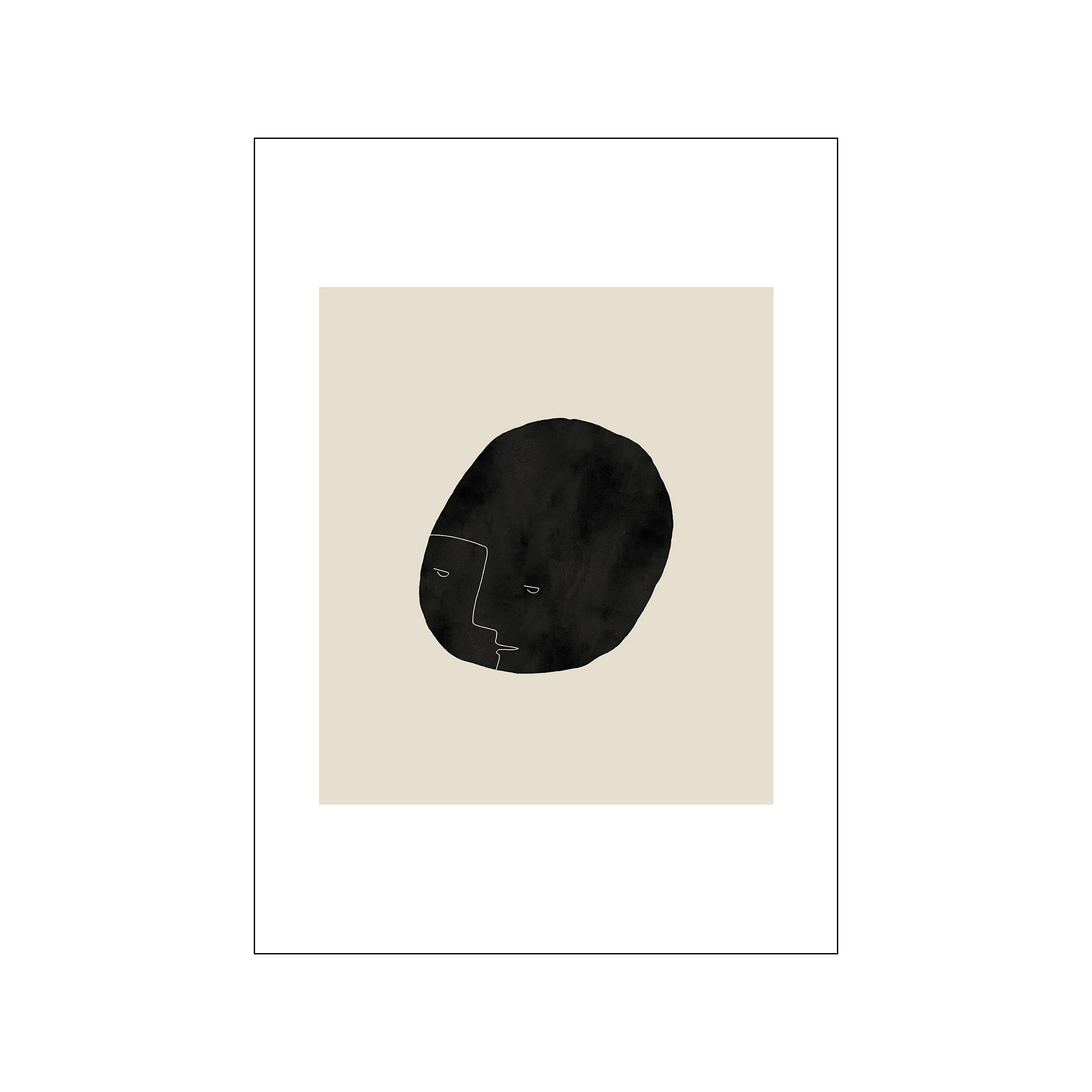 An abstract art piece with a large, textured black shape on a beige background, outlined with delicate white lines suggesting a profile or face.