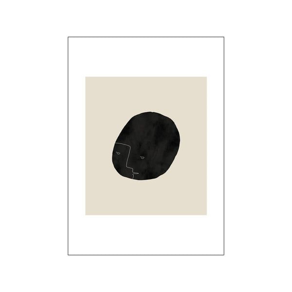 An abstract art piece with a large, textured black shape on a beige background, outlined with delicate white lines suggesting a profile or face.
