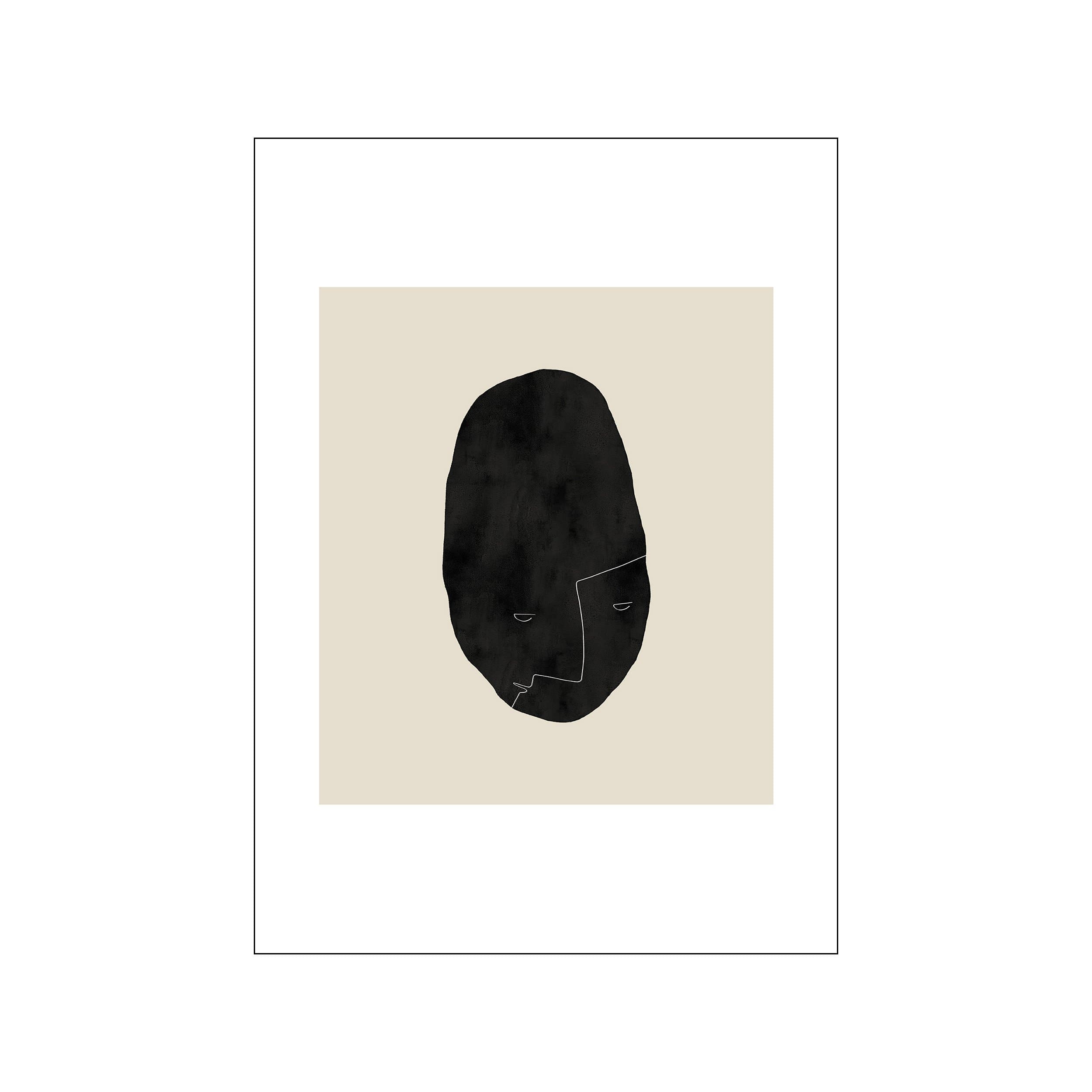 A minimalist abstract art piece featuring a dark, irregular oval shape resembling a face, outlined with thin white lines. The background is a soft, neutral beige color, creating a striking monochrome contrast.