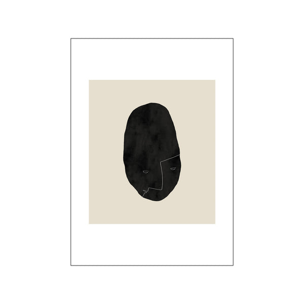 A minimalist abstract art piece featuring a dark, irregular oval shape resembling a face, outlined with thin white lines. The background is a soft, neutral beige color, creating a striking monochrome contrast.