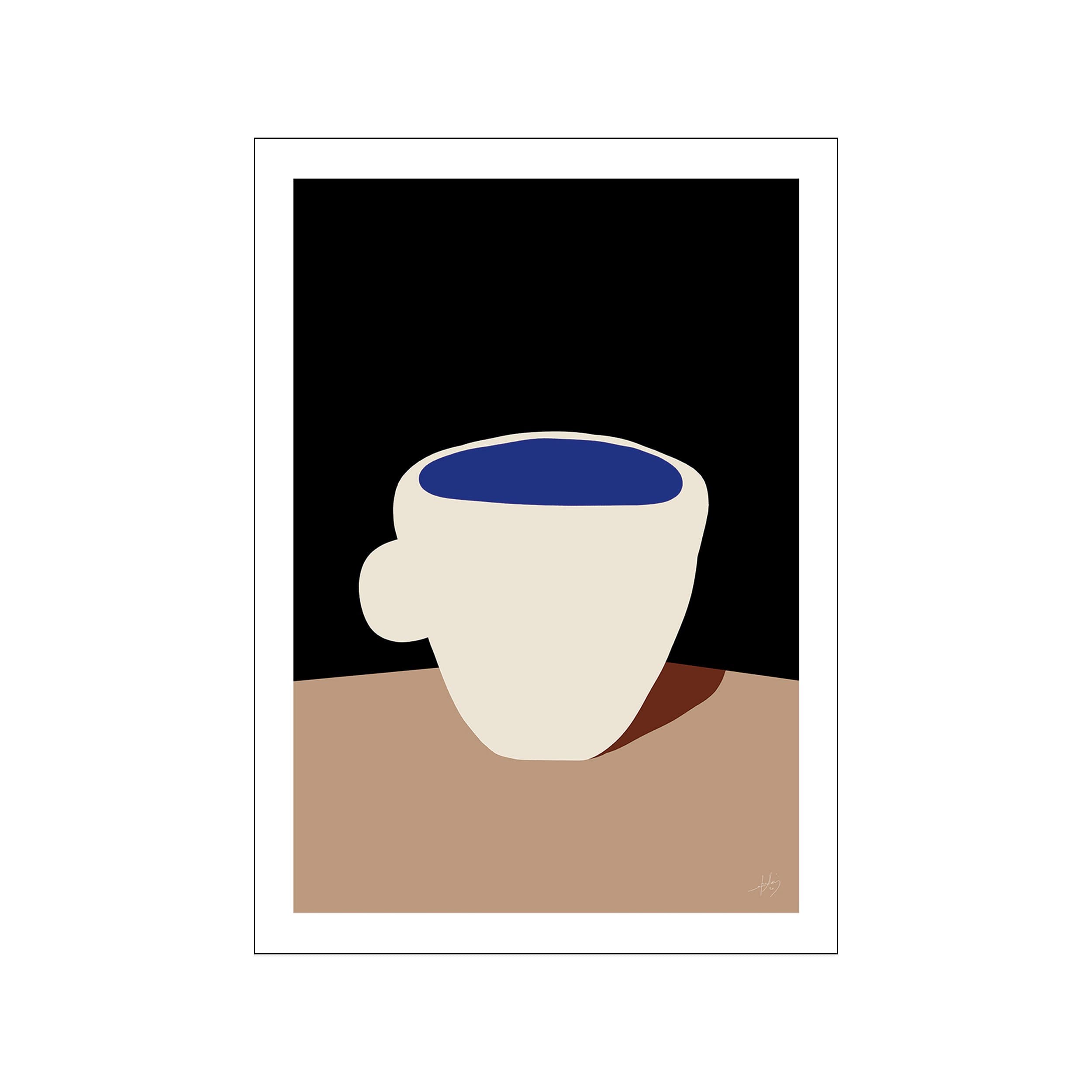 An abstract representation of a ceramic vessel, featuring a deep indigo interior and creamy ivory exterior, set against a warm terracotta surface and a dark background.