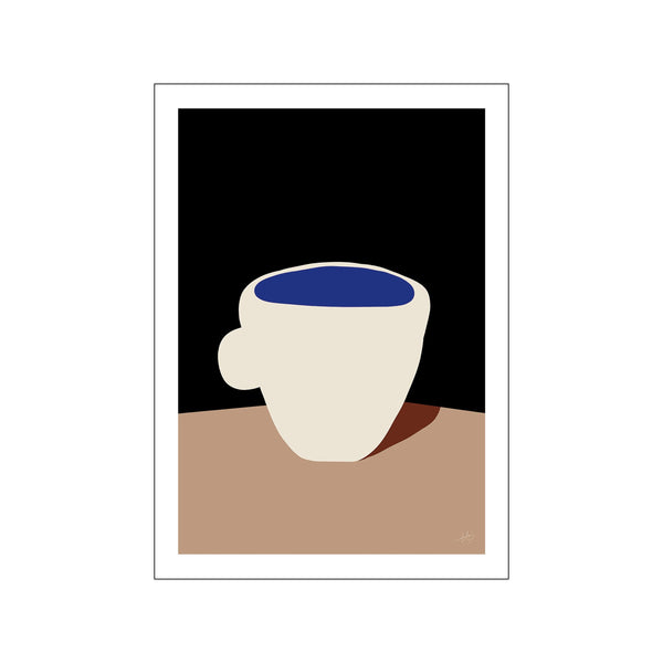 An abstract representation of a ceramic vessel, featuring a deep indigo interior and creamy ivory exterior, set against a warm terracotta surface and a dark background.